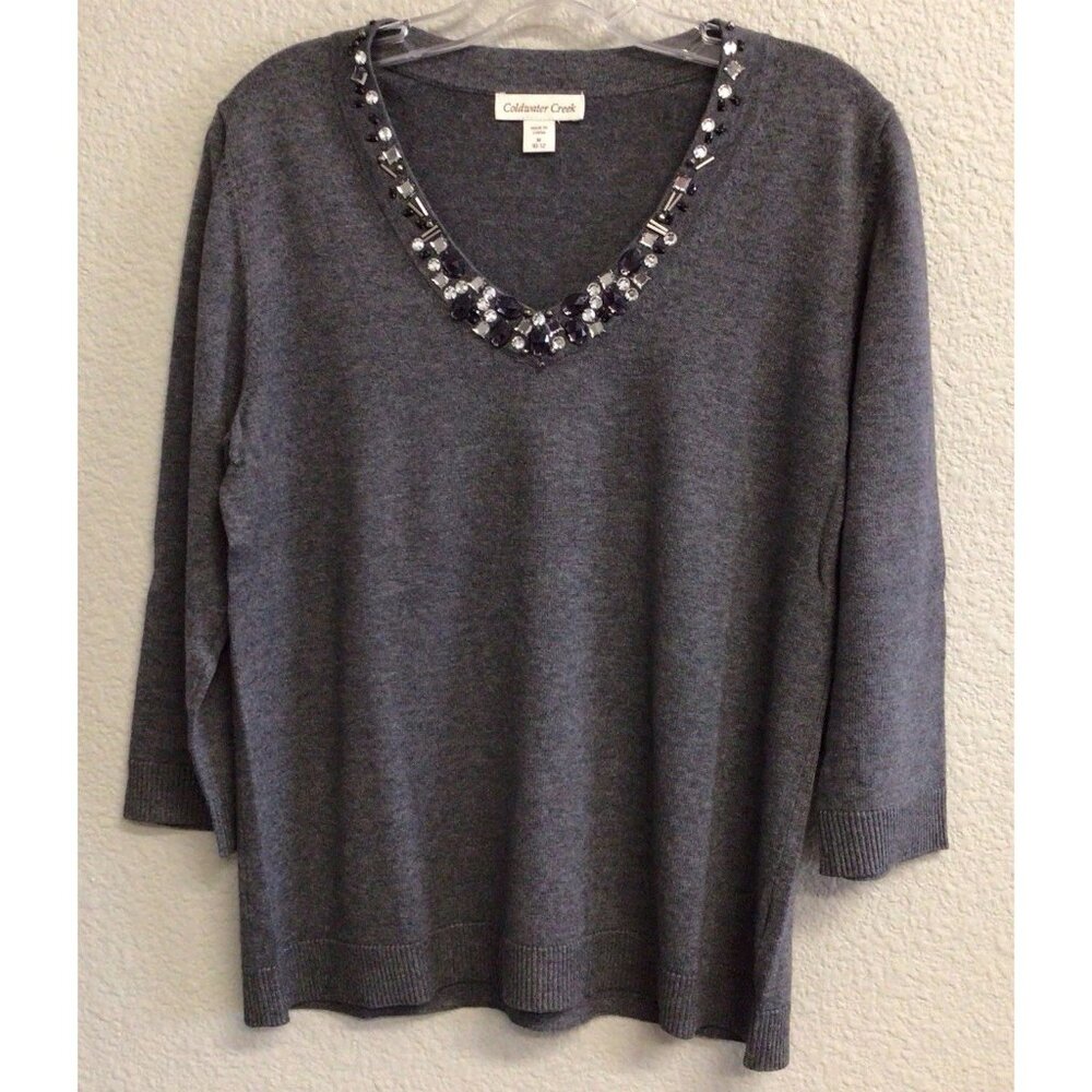 Coldwater Creek Sweater Women's Medium 3/4 Sleeve Embellish Neckline V-Neck